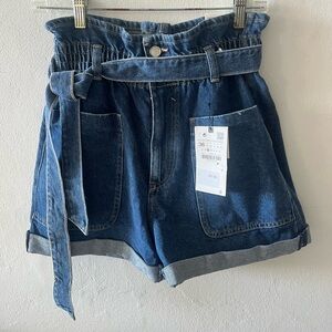Zara Dark Blue Paperbag Denim Shorts with Tie Belt